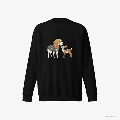 Beagle Sweatshirt – Men Black Sweatshirt Eco-Friendly – Meeting a Fawn (on White Background)