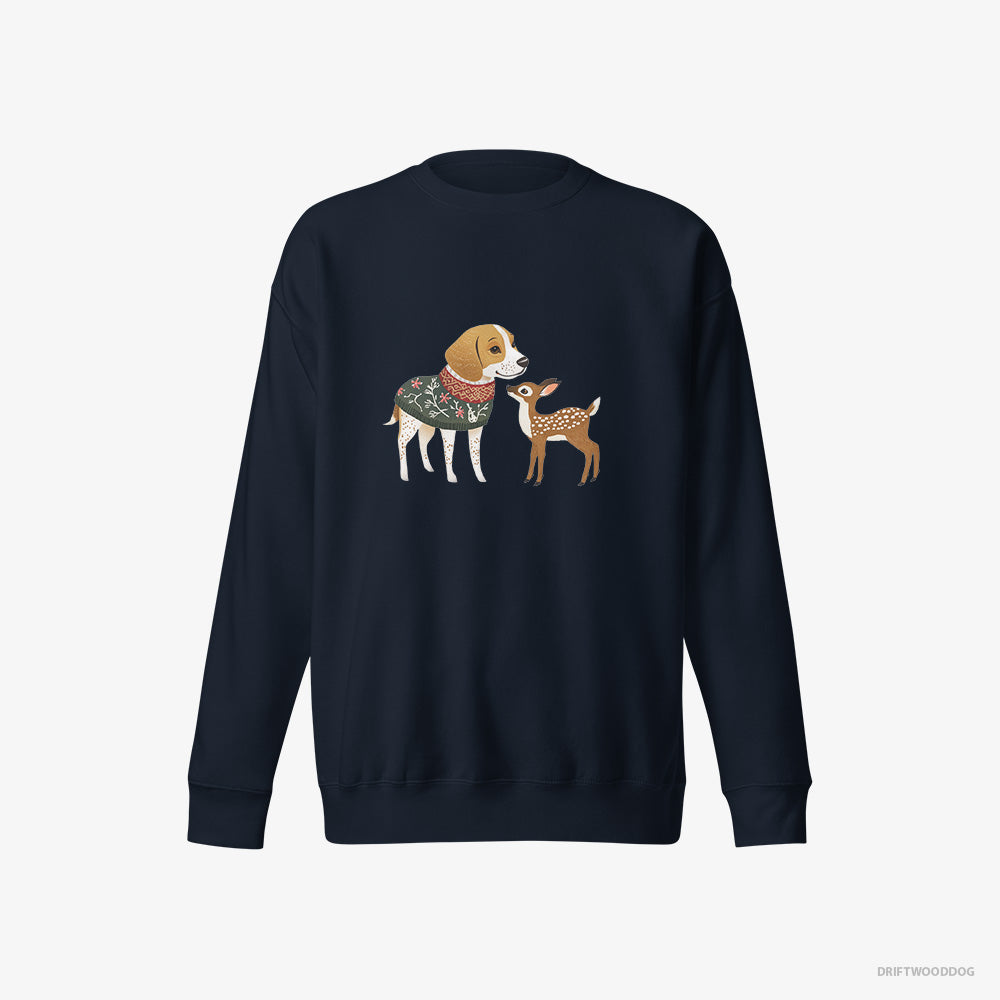 Beagle Sweatshirt – Women Navy Sweatshirt Eco-Friendly – Meeting a Fawn (on White Background)