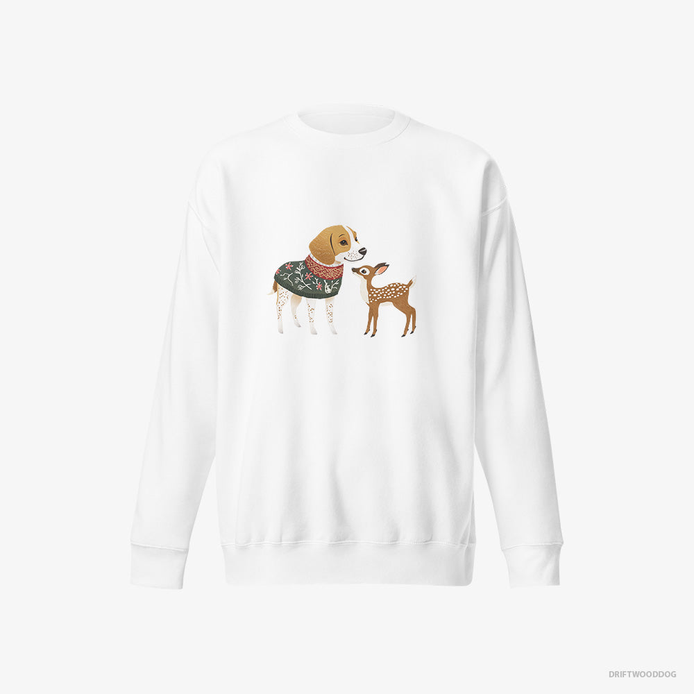 Beagle Sweatshirt – Men White Sweatshirt Eco-Friendly – Meeting a Fawn (on White Background)