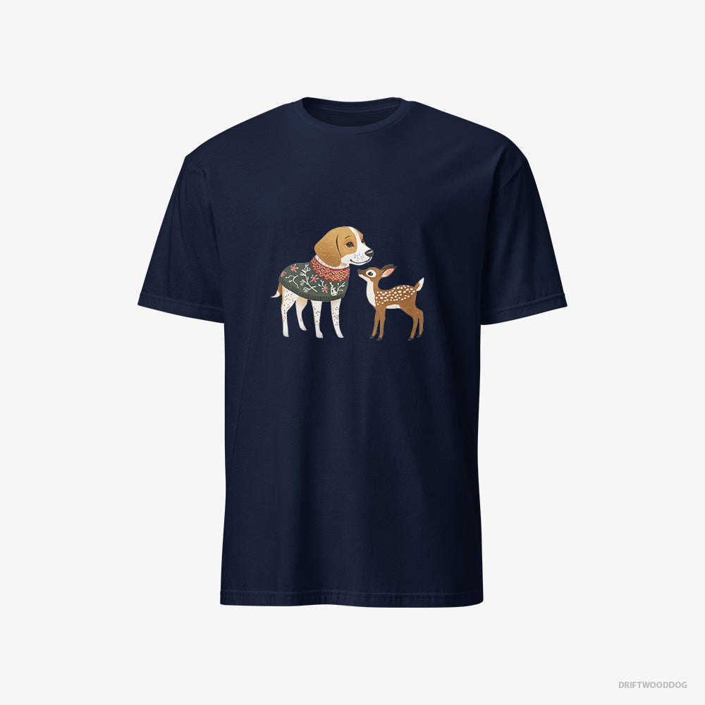 Beagle T-Shirt – Men Navy T-Shirt Classic – Meeting a Fawn (on White Background)