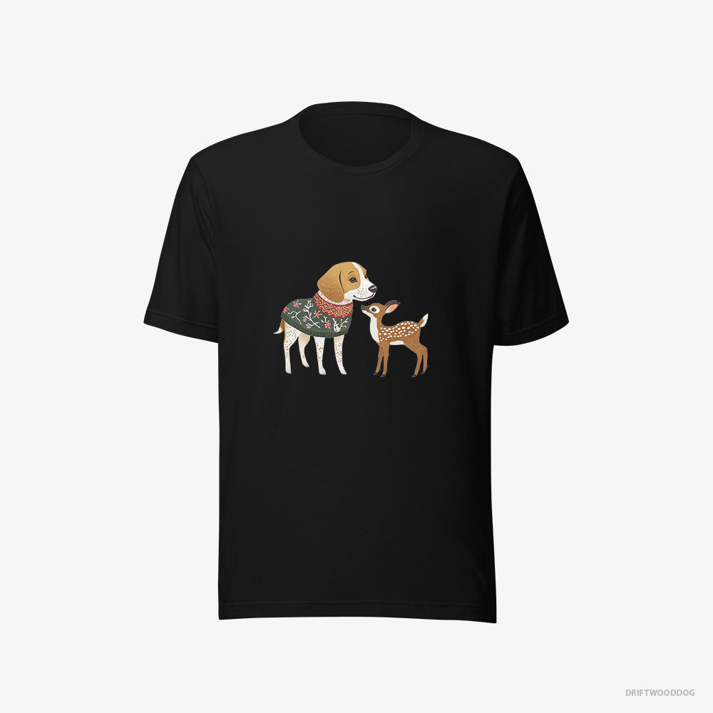 Beagle T-Shirt – Men Black T-Shirt Eco-Friendly – Meeting a Fawn (on White Background)