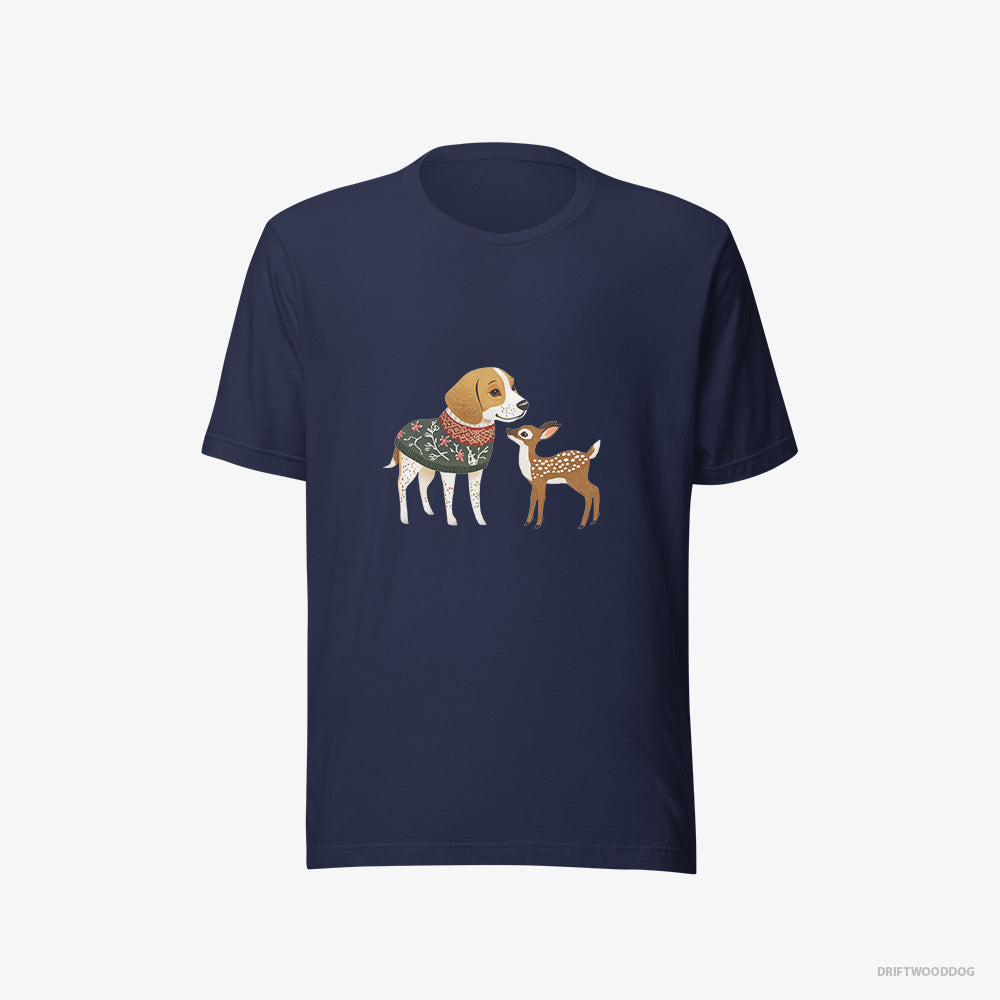 Beagle T-Shirt – Men Navy T-Shirt Eco-Friendly – Meeting a Fawn (on White Background)