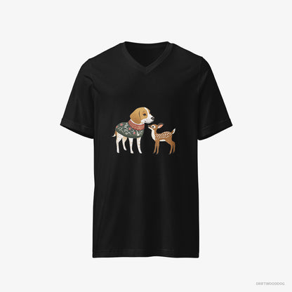 Beagle T-Shirt – Men Black T-Shirt V-Neck – Meeting a Fawn (on White Background)