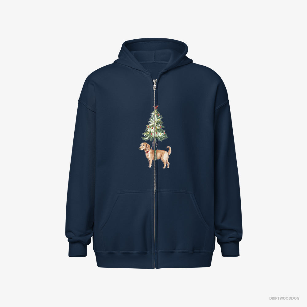 Golden Retriever Hoodie – Men Navy Hoodie Full-Zip – Adorned on the Christmas Tree (on White Background)