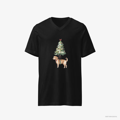 Golden Retriever T-Shirt – Men Black T-Shirt V-Neck – Adorned on the Christmas Tree (on White Background)