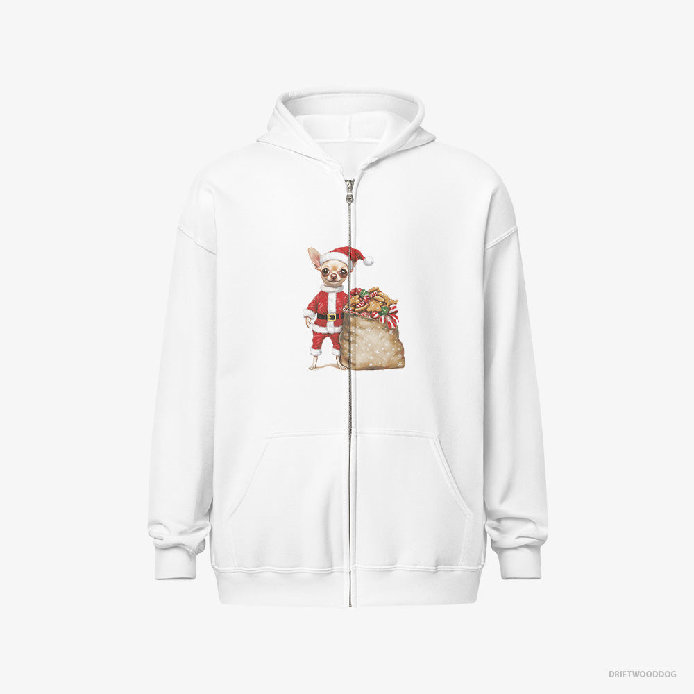 Chihuahua Hoodie – Men White Hoodie Full-Zip – All Dressed Up as Santa (on White Background)