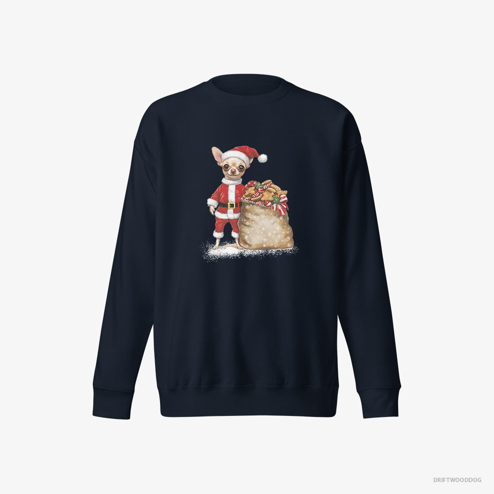 Chihuahua Sweatshirt – Women Navy Sweatshirt Eco-Friendly – All Dressed Up as Santa (on White Background)