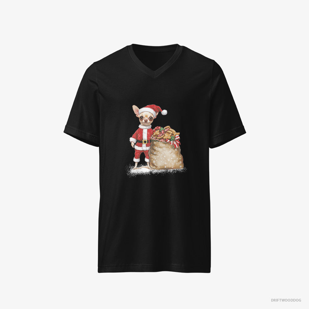 Chihuahua T-Shirt – Men Black T-Shirt V-Neck – All Dressed Up as Santa (on White Background)