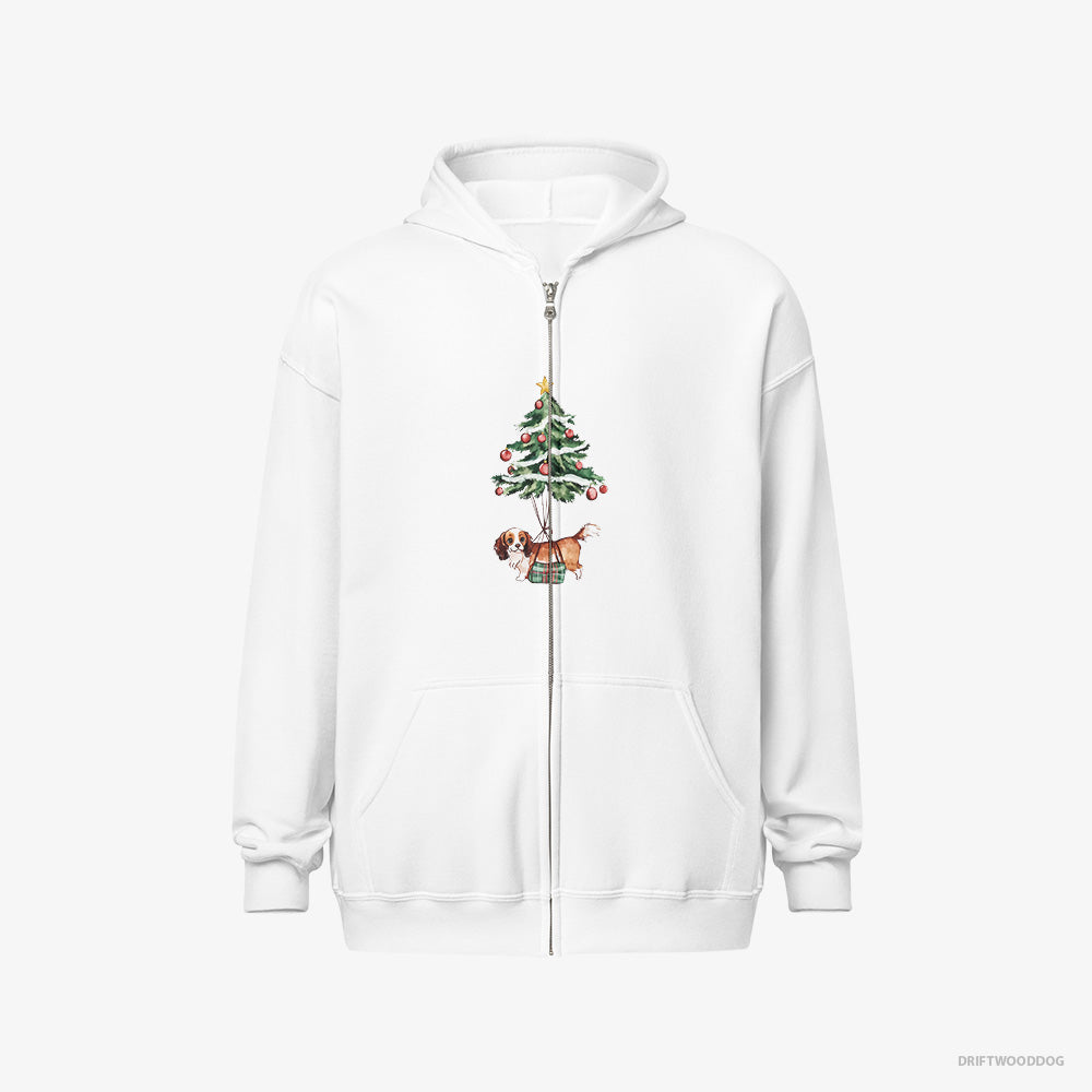 Cavalier King Charles Spaniel Hoodie – Men White Hoodie Full-Zip – Pinned to the Christmas Tree (on White Background)