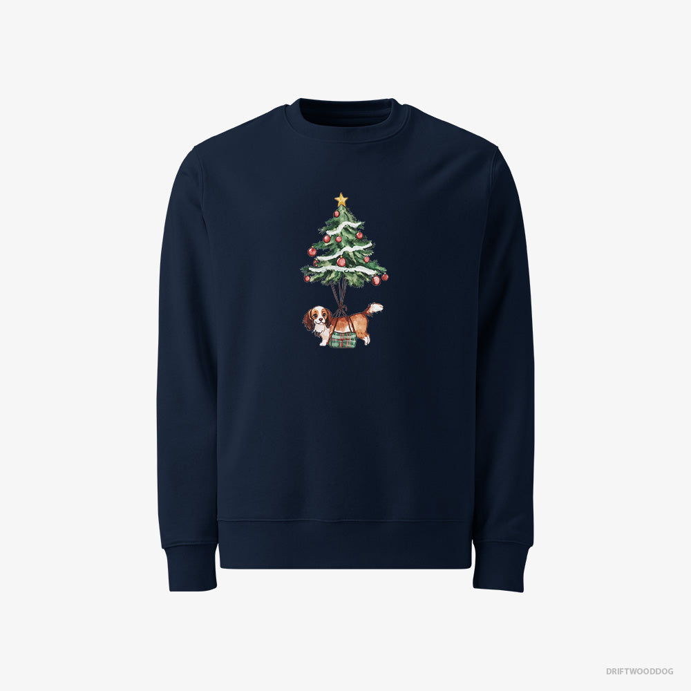 Cavalier King Charles Spaniel Sweatshirt – Men Navy Sweatshirt Classic – Pinned to the Christmas Tree (on White Background)