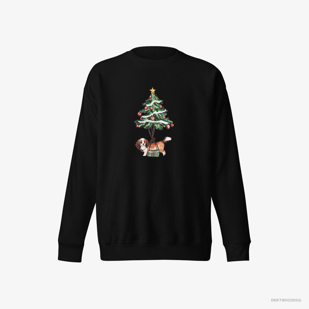 Cavalier King Charles Spaniel Sweatshirt – Men Black Sweatshirt Eco-Friendly – Pinned to the Christmas Tree (on White Background)