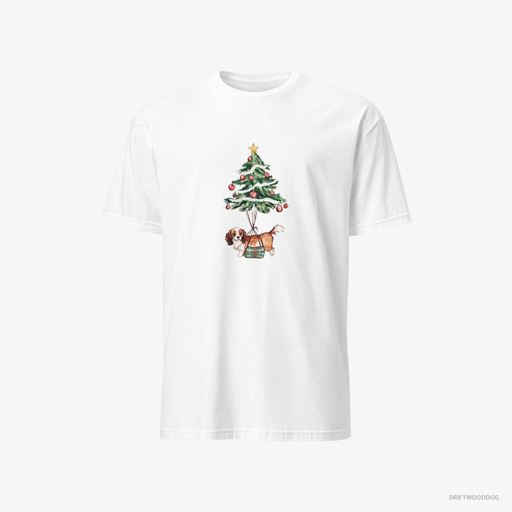 Cavalier King Charles Spaniel T-Shirt – Men White T-Shirt Classic – Pinned to the Christmas Tree (on White Background)