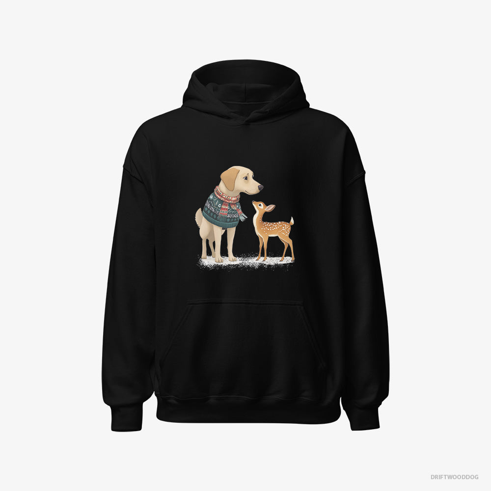 Labrador Retriever Hoodie – Women Black Hoodie Classic – with a Young Reindeer (on White Background)