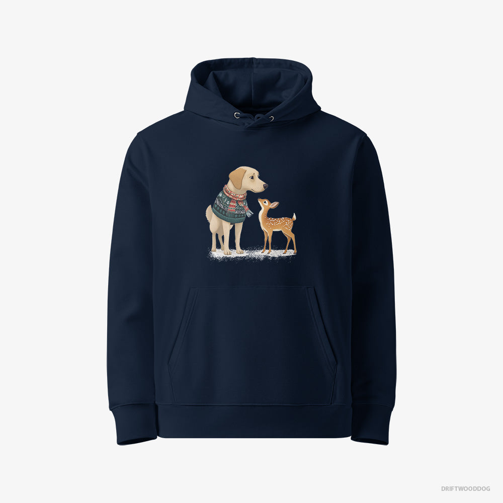 Labrador Retriever Hoodie – Women Navy Hoodie Eco-Friendly – with a Young Reindeer (on White Background)