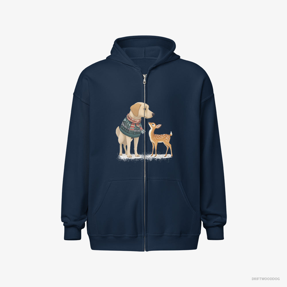 Labrador Retriever Hoodie – Men Navy Hoodie Full-Zip – with a Young Reindeer (on White Background)