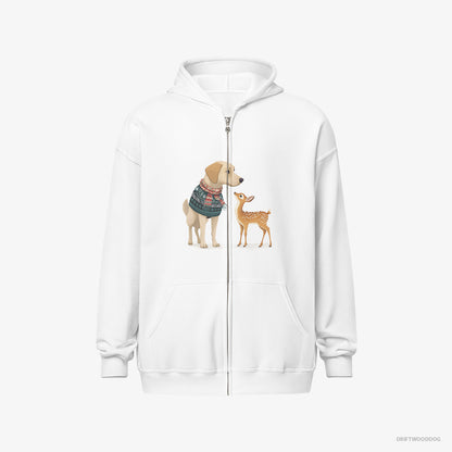 Labrador Retriever Hoodie – Men White Hoodie Full-Zip – with a Young Reindeer (on White Background)