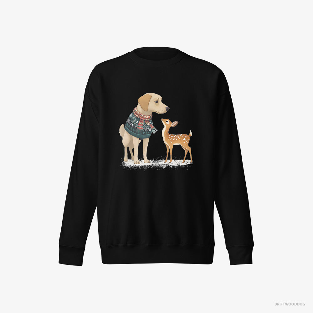 Labrador Retriever Sweatshirt – Men Black Sweatshirt Eco-Friendly – with a Young Reindeer (on White Background)