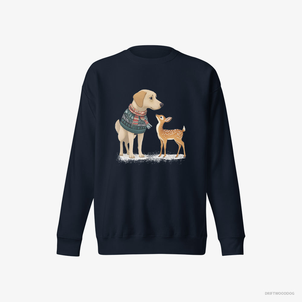 Labrador Retriever Sweatshirt – Women Navy Sweatshirt Eco-Friendly – with a Young Reindeer (on White Background)