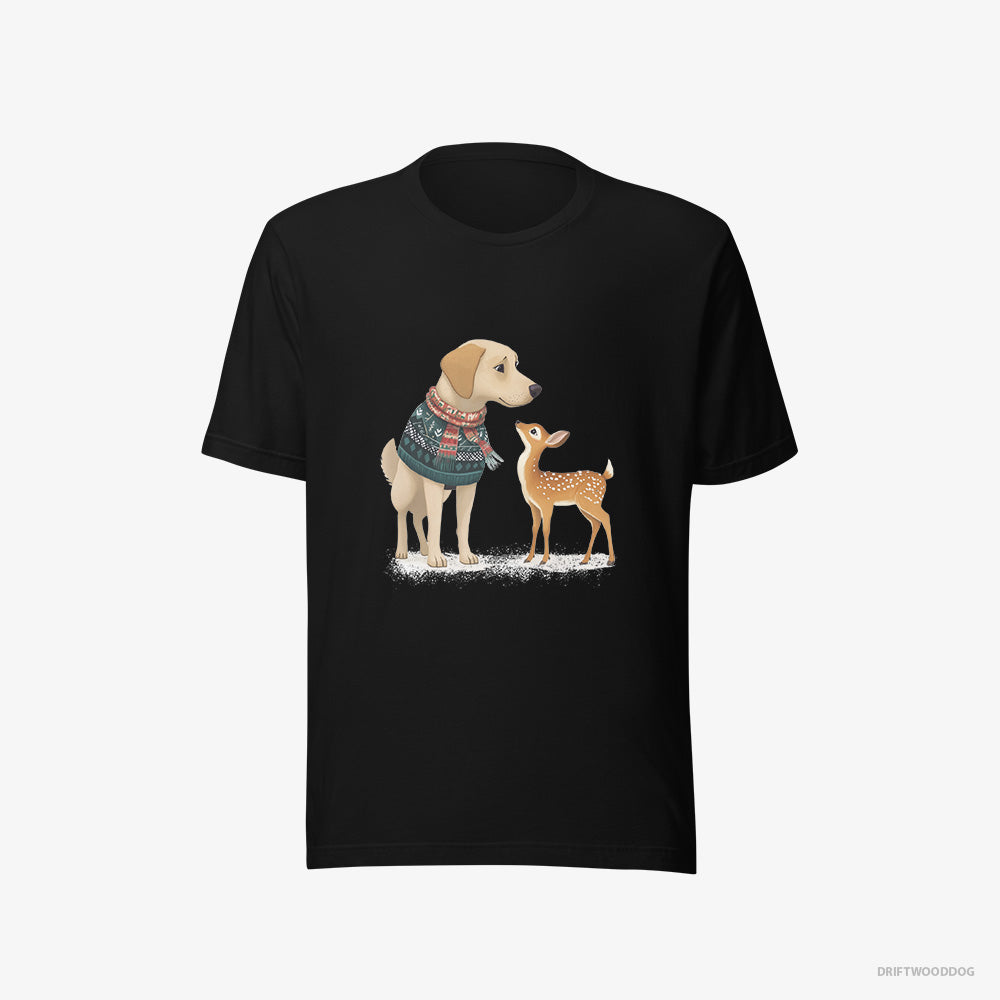 Labrador Retriever T-Shirt – Women Black T-Shirt Eco-Friendly – with a Young Reindeer (on White Background)