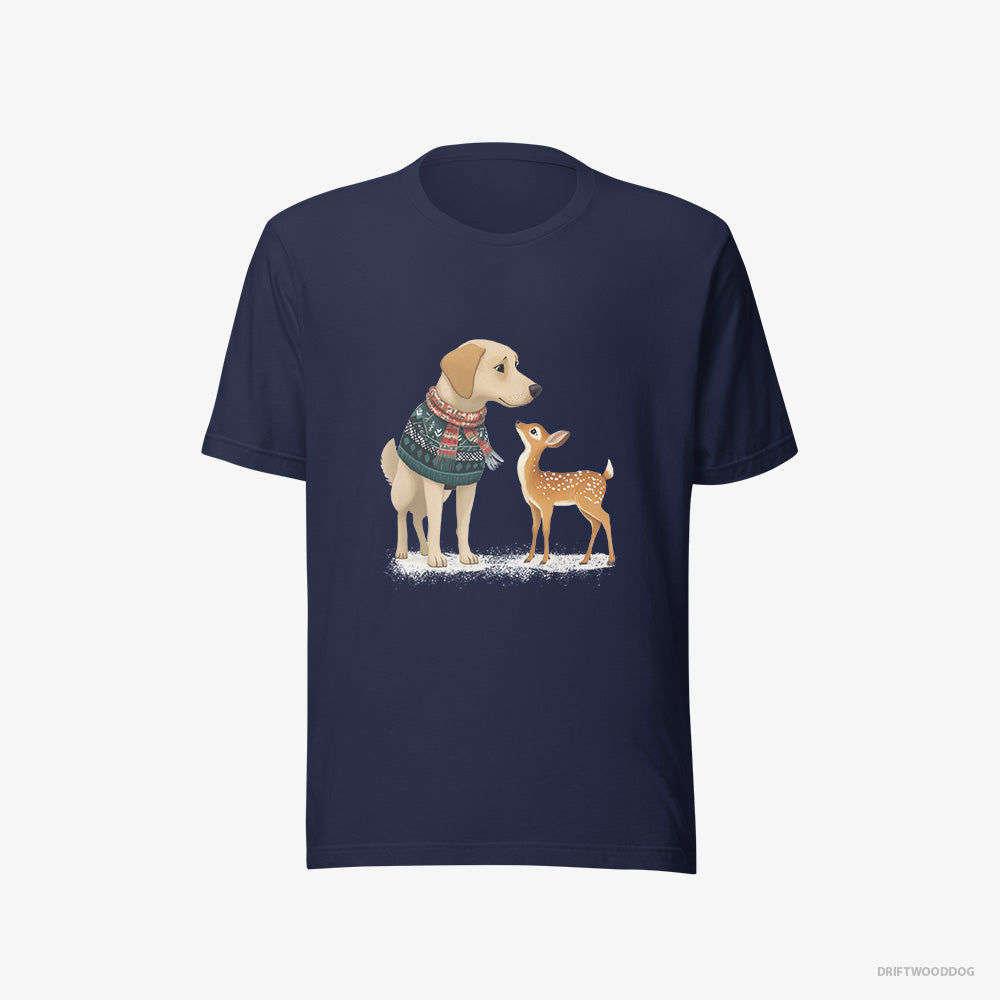 Labrador Retriever T-Shirt – Women Navy T-Shirt Eco-Friendly – with a Young Reindeer (on White Background)