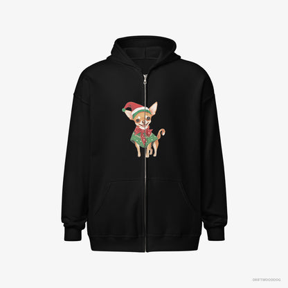 Chihuahua Hoodie – Men Black Hoodie Full-Zip – as a Christmas Elf (on White Background)