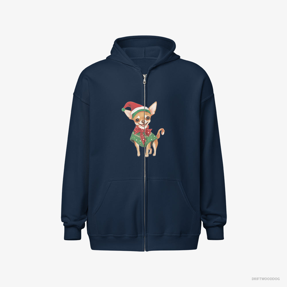 Chihuahua Hoodie – Women Navy Hoodie Full-Zip – as a Christmas Elf (on White Background)