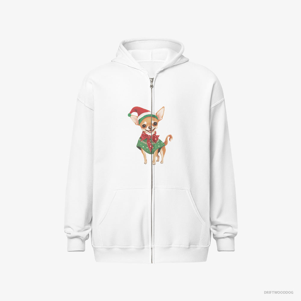 Chihuahua Hoodie – Men White Hoodie Full-Zip – as a Christmas Elf (on White Background)