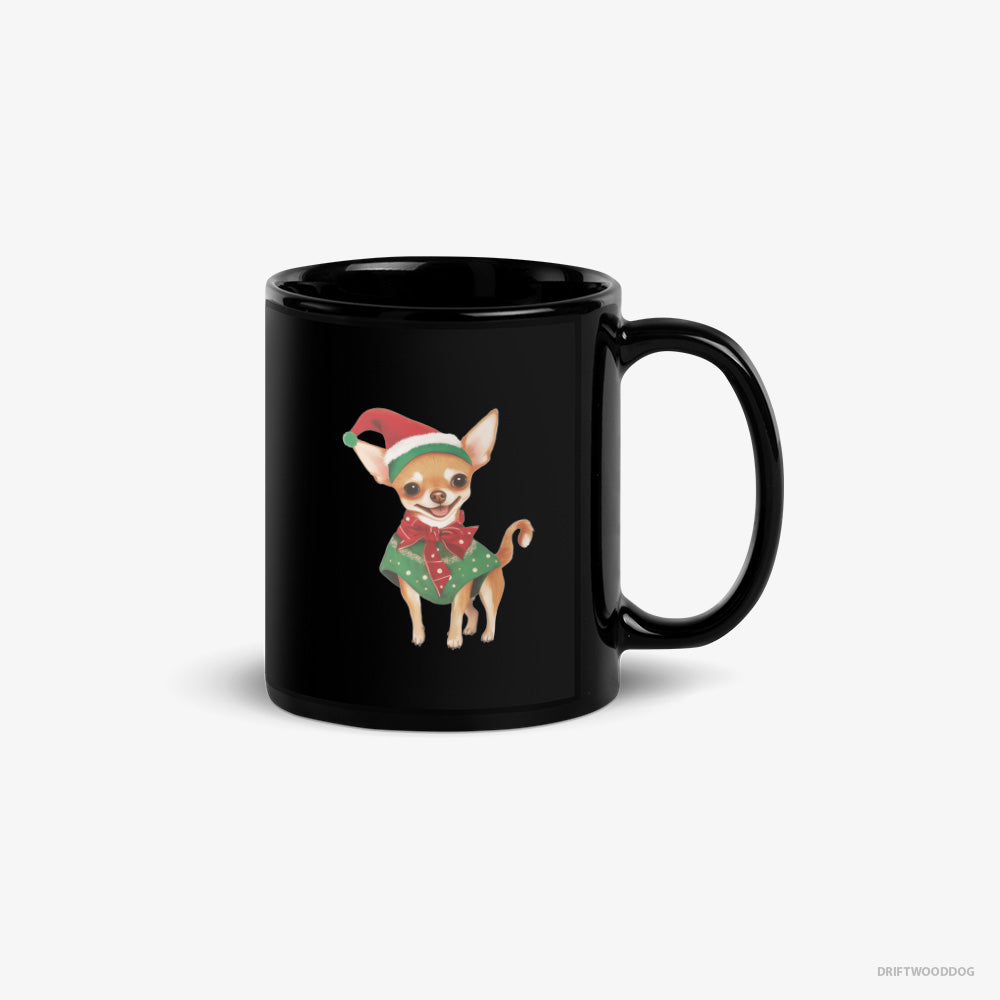 Chihuahua Mug – Unisex Black Mug Classic – as a Christmas Elf (on White Background)