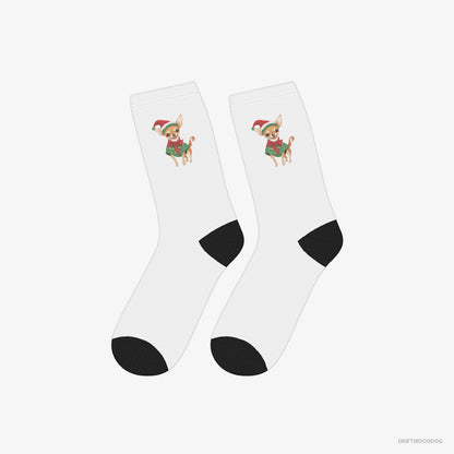 Chihuahua Socks – Unisex White Socks Eco-Friendly – as a Christmas Elf (on White Background)