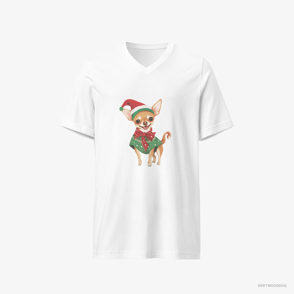 Chihuahua T-Shirt – Men White T-Shirt V-Neck – as a Christmas Elf (on White Background)