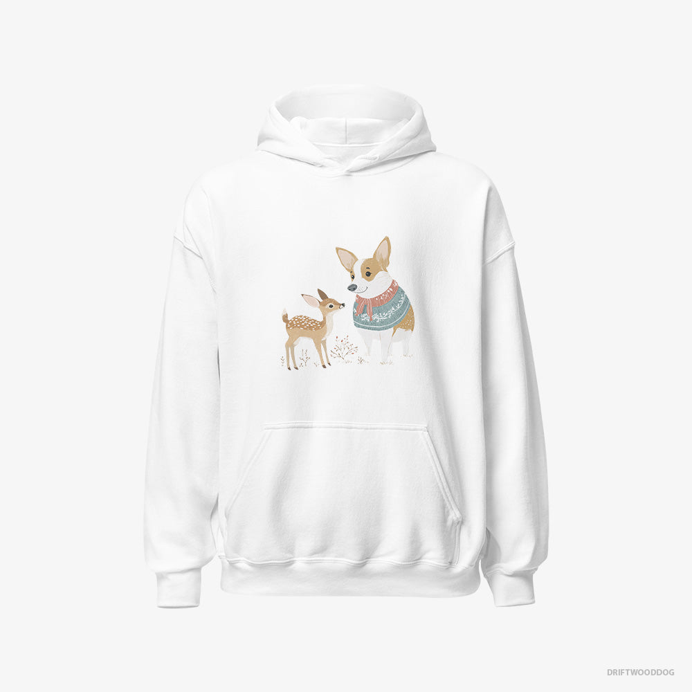 Corgi Hoodie – Men White Hoodie Classic – and a Baby Reindeer (on White Background)