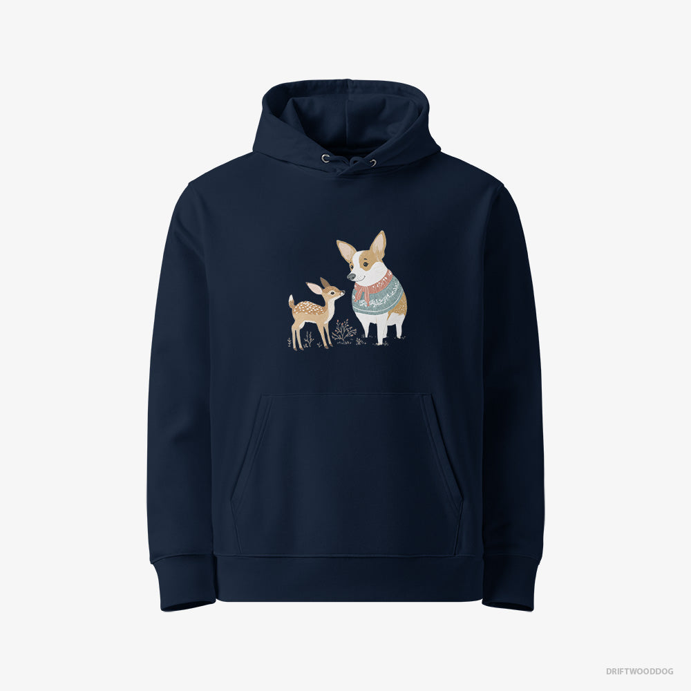 Corgi Hoodie – Women Navy Hoodie Eco-Friendly – and a Baby Reindeer (on White Background)