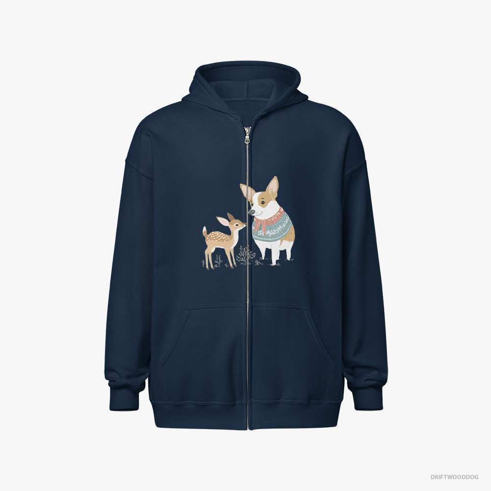 Corgi Hoodie – Men Navy Hoodie Full-Zip – and a Baby Reindeer (on White Background)