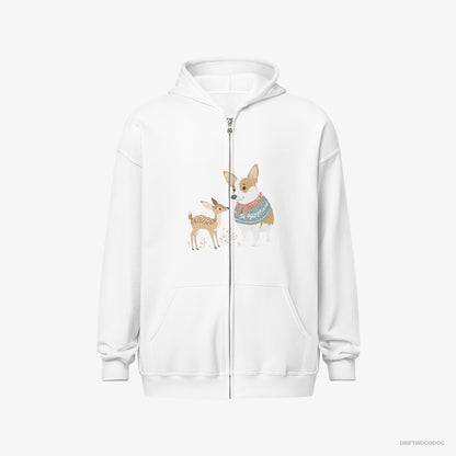 Corgi Hoodie – Men White Hoodie Full-Zip – and a Baby Reindeer (on White Background)