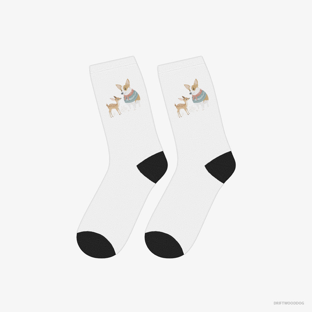 Corgi Socks – Unisex White Socks Classic – and a Baby Reindeer (on White Background)