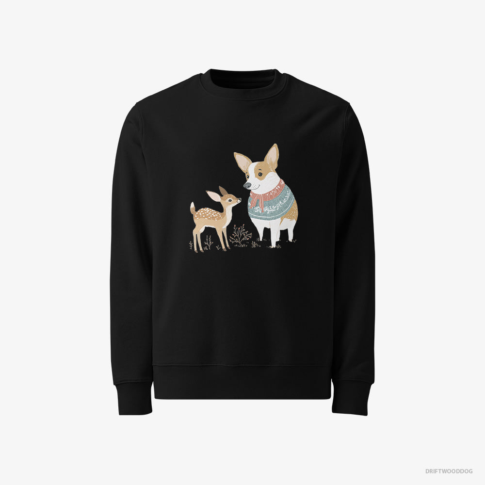 Corgi Sweatshirt – Men Black Sweatshirt Classic – and a Baby Reindeer (on White Background)