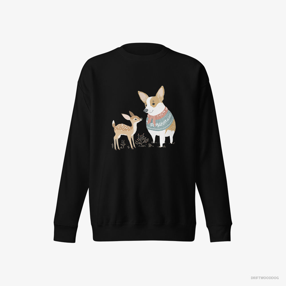 Corgi Sweatshirt – Women Black Sweatshirt Eco-Friendly – and a Baby Reindeer (on White Background)