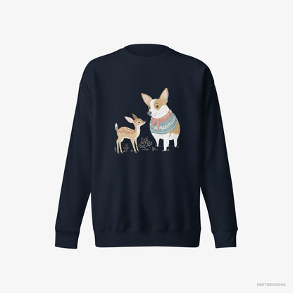 Corgi Sweatshirt – Men Navy Sweatshirt Eco-Friendly – and a Baby Reindeer (on White Background)