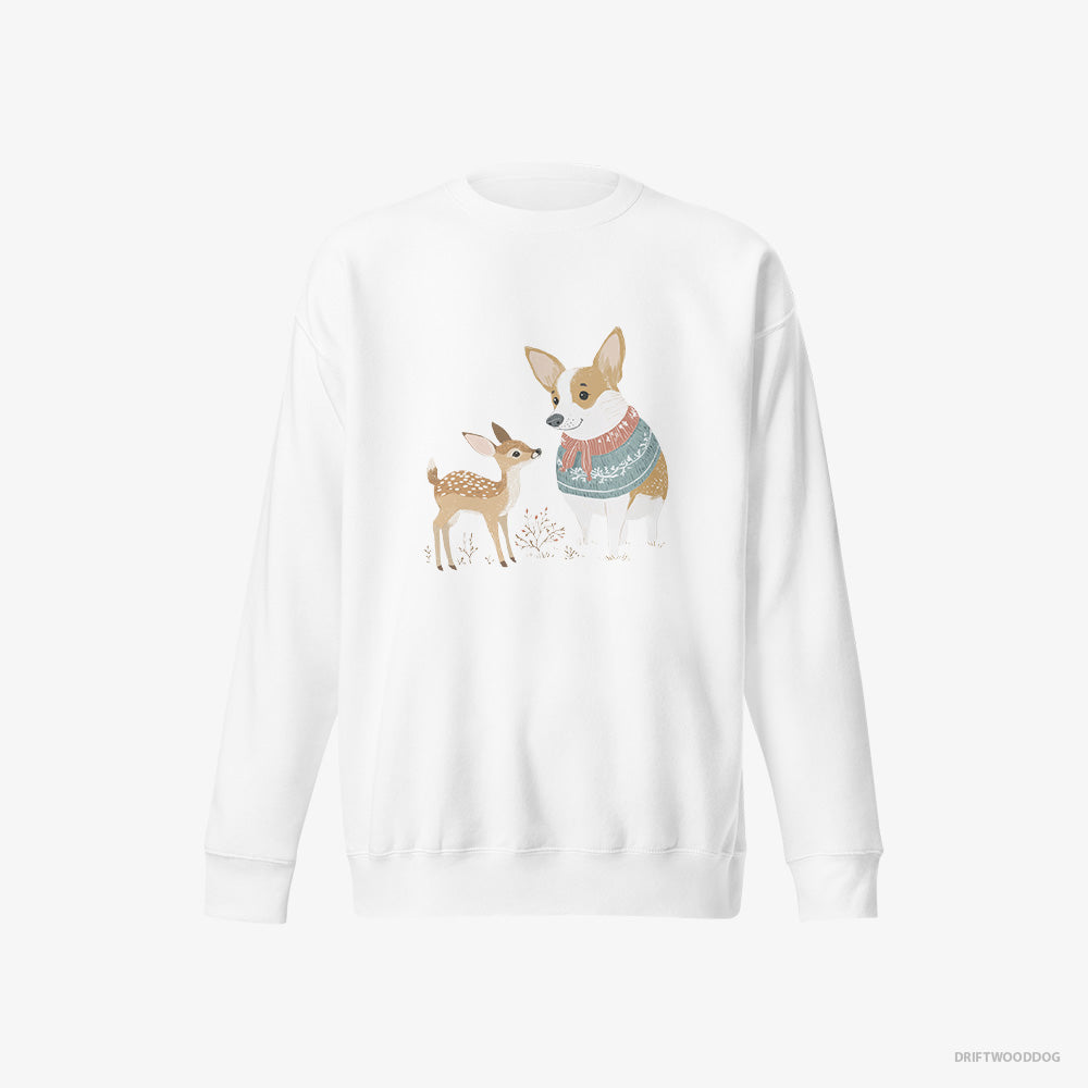 Corgi Sweatshirt – Men White Sweatshirt Eco-Friendly – and a Baby Reindeer (on White Background)