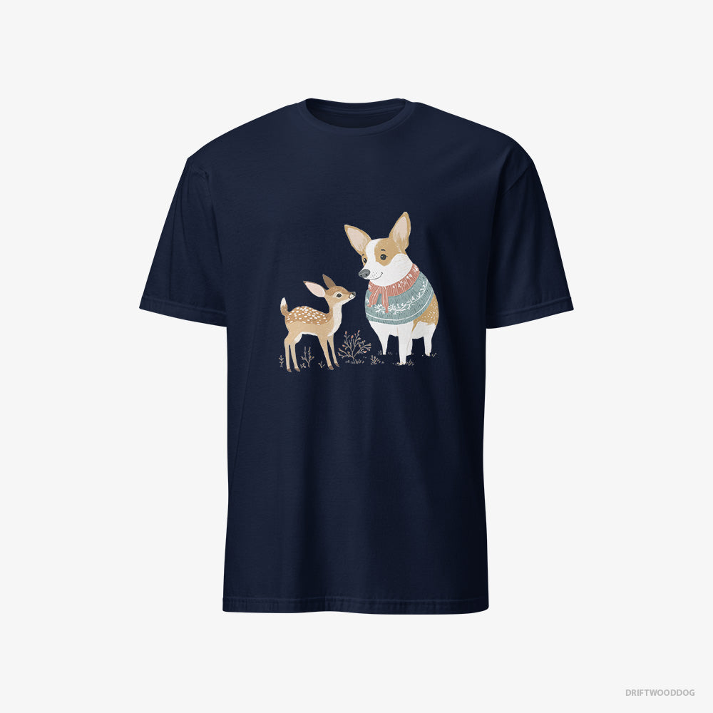 Corgi T-Shirt – Men Navy T-Shirt Classic – and a Baby Reindeer (on White Background)