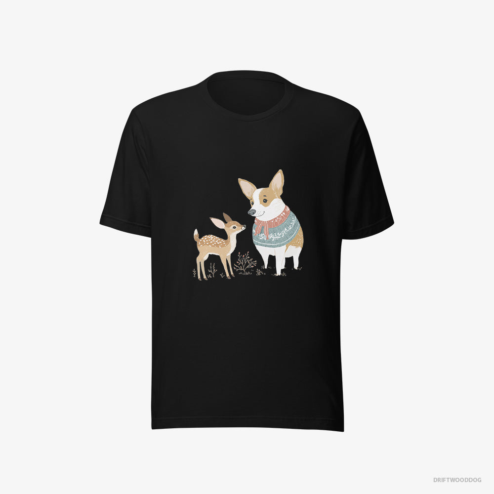 Corgi T-Shirt – Women Black T-Shirt Eco-Friendly – and a Baby Reindeer (on White Background)