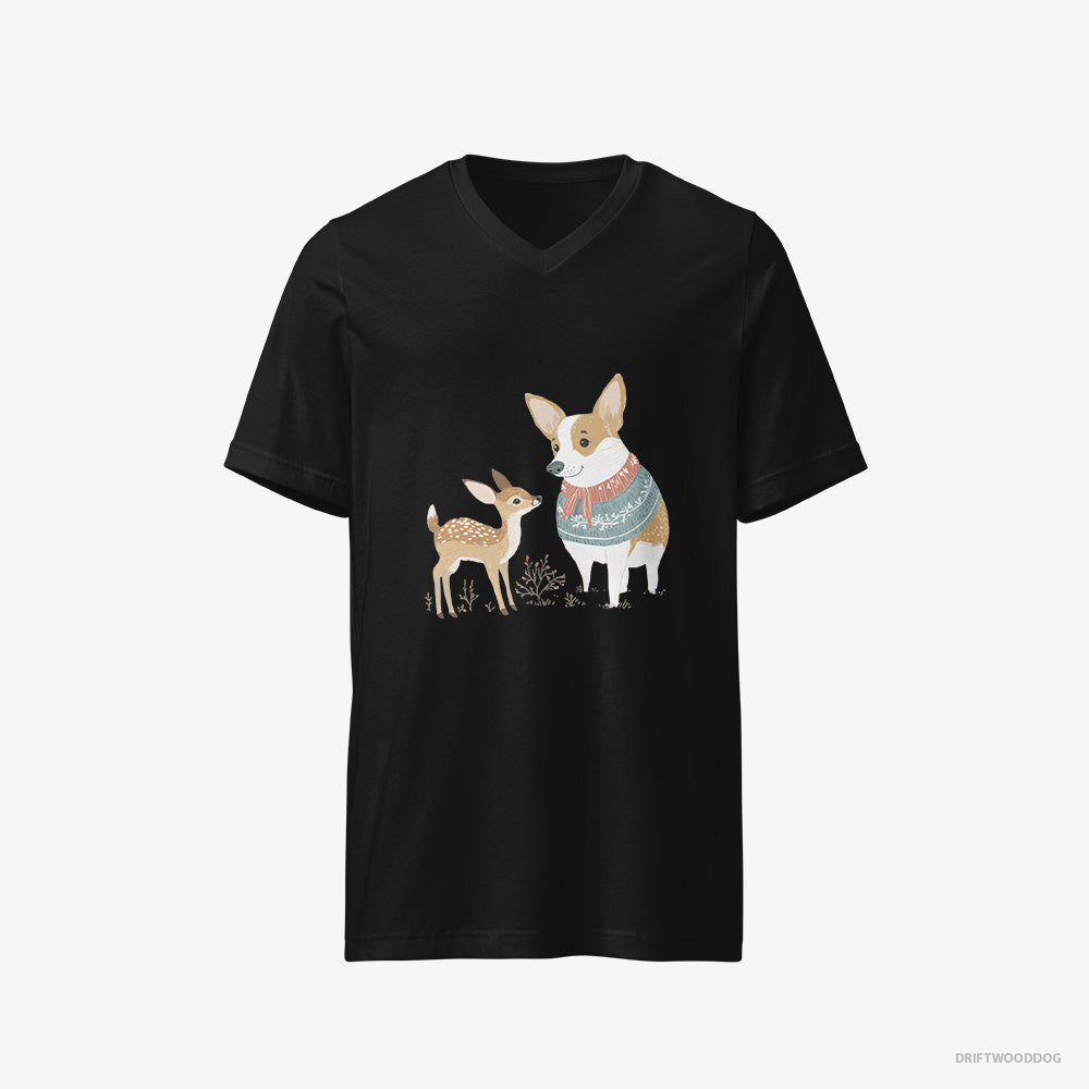 Corgi T-Shirt – Men Black T-Shirt V-Neck – and a Baby Reindeer (on White Background)