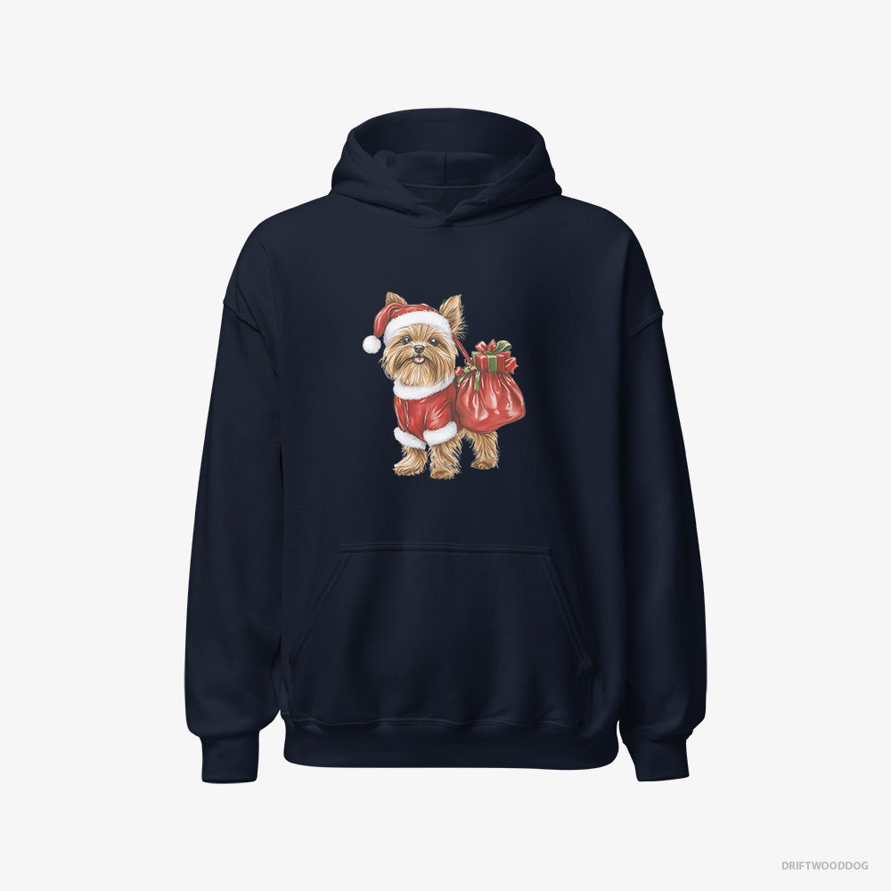 Yorkshire Terrier Hoodie – Men Navy Hoodie Classic – Rocking a Santa Outfit (on White Background)