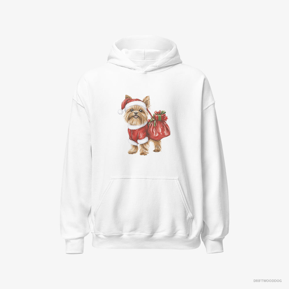 Yorkshire Terrier Hoodie – Men White Hoodie Classic – Rocking a Santa Outfit (on White Background)