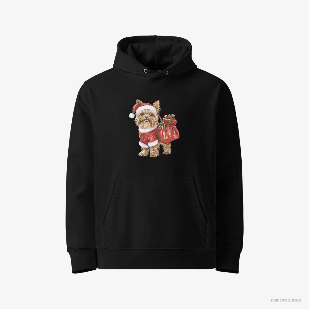 Yorkshire Terrier Hoodie – Women Black Hoodie Eco-Friendly – Rocking a Santa Outfit (on White Background)