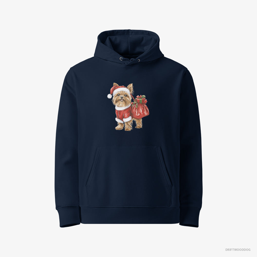 Yorkshire Terrier Hoodie – Men Navy Hoodie Eco-Friendly – Rocking a Santa Outfit (on White Background)