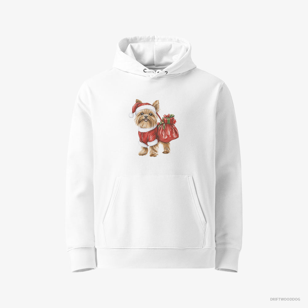 Yorkshire Terrier Hoodie – Men White Hoodie Eco-Friendly – Rocking a Santa Outfit (on White Background)