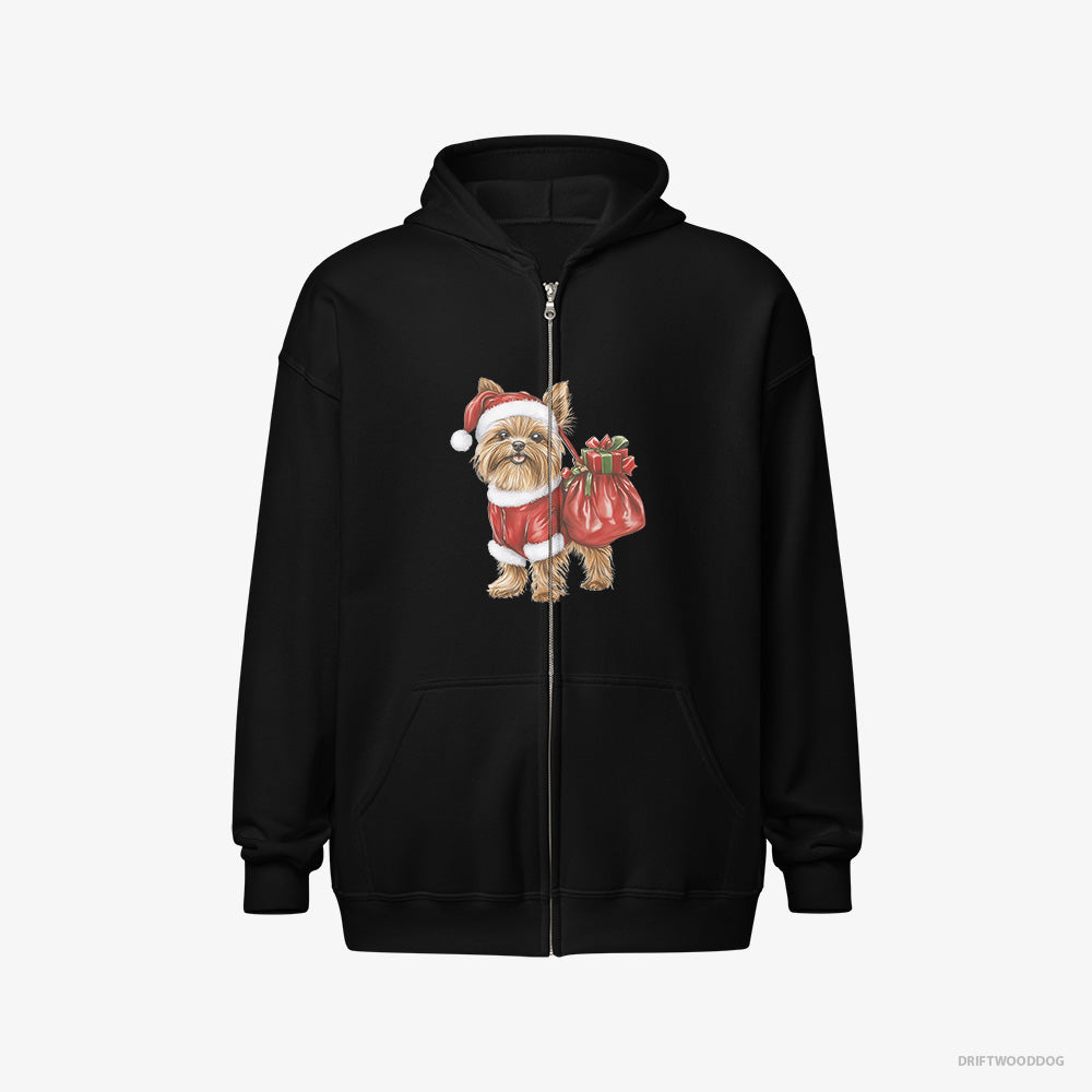 Yorkshire Terrier Hoodie – Women Black Hoodie Full-Zip – Rocking a Santa Outfit (on White Background)