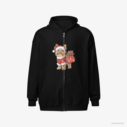 Yorkshire Terrier Rocking a Santa Outfit Black Hoodie