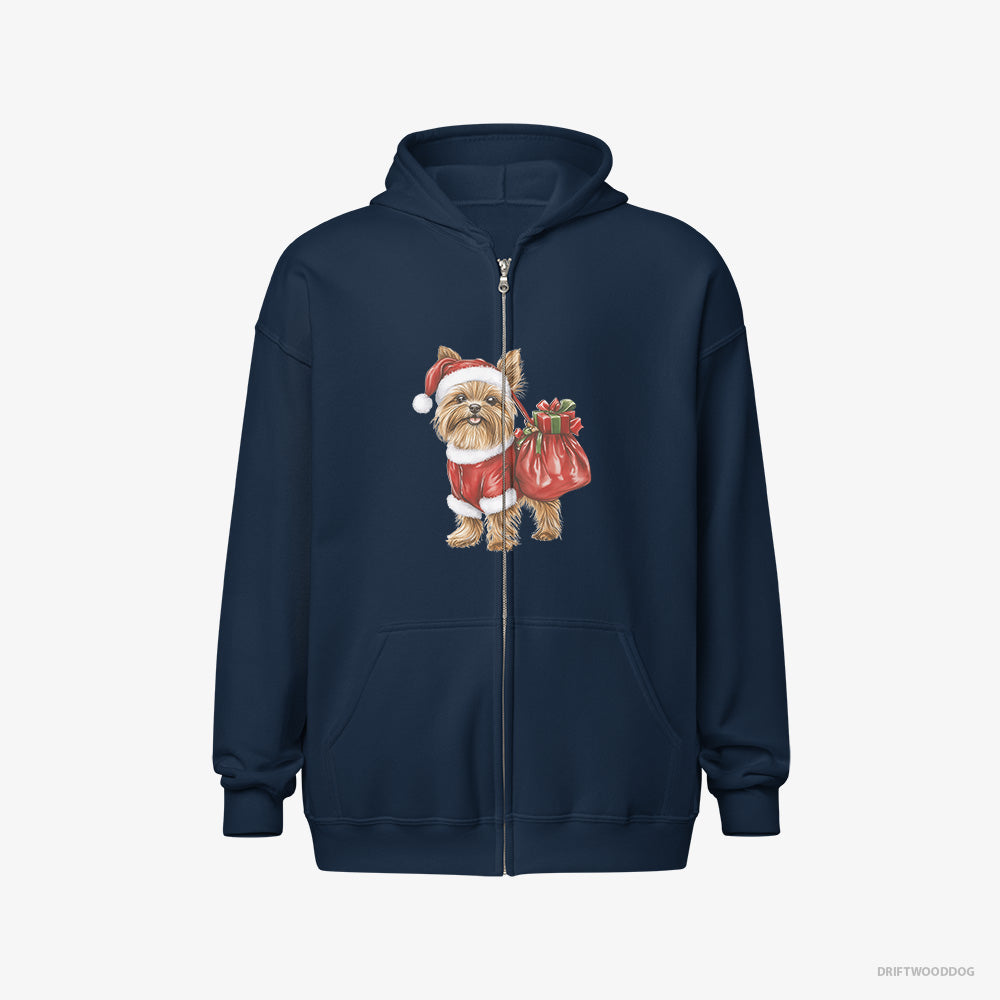 Yorkshire Terrier Hoodie – Women Navy Hoodie Full-Zip – Rocking a Santa Outfit (on White Background)